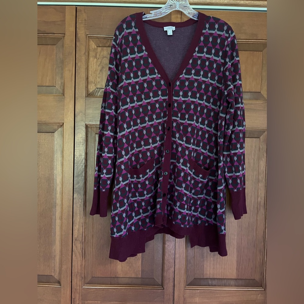 LOGO by Lori Goldstein Burgundy and Gray Cardigan